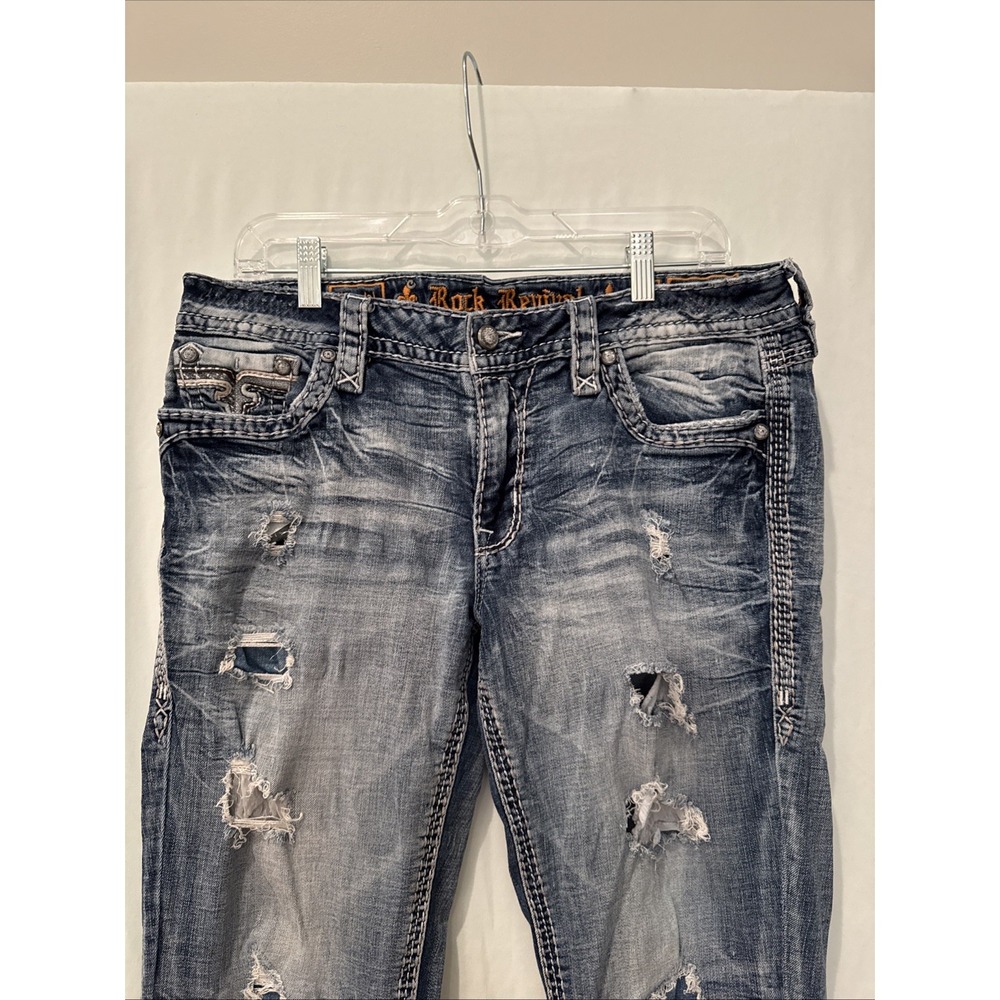 Rock Revival Yandel Distressed Blue Denim Jeans Sz 31 Boot CUT BLING